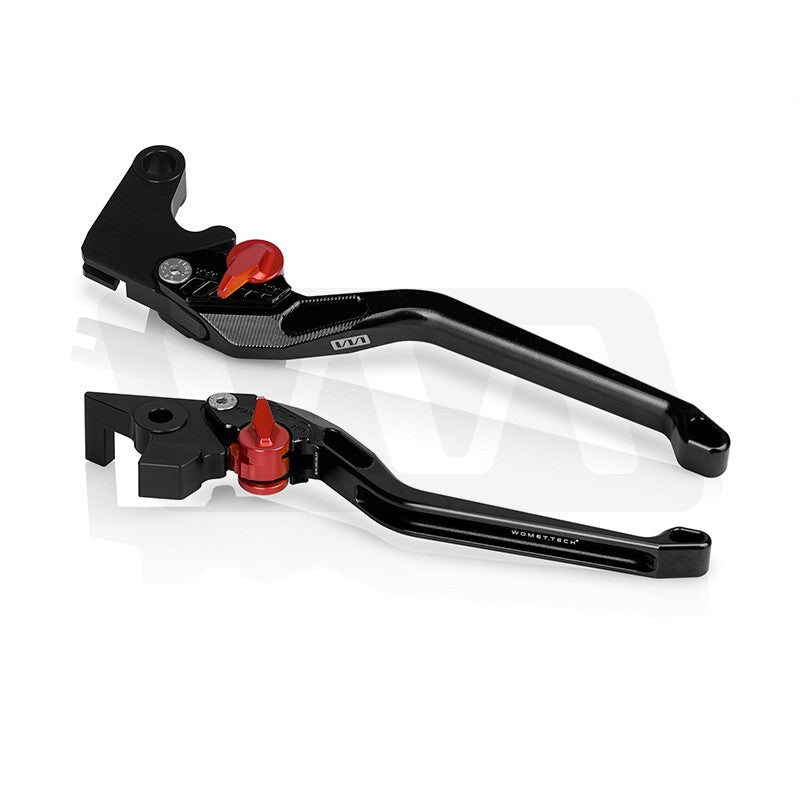 Photo showing 2024 Yamaha MT09 levers in black, with red adjusters.